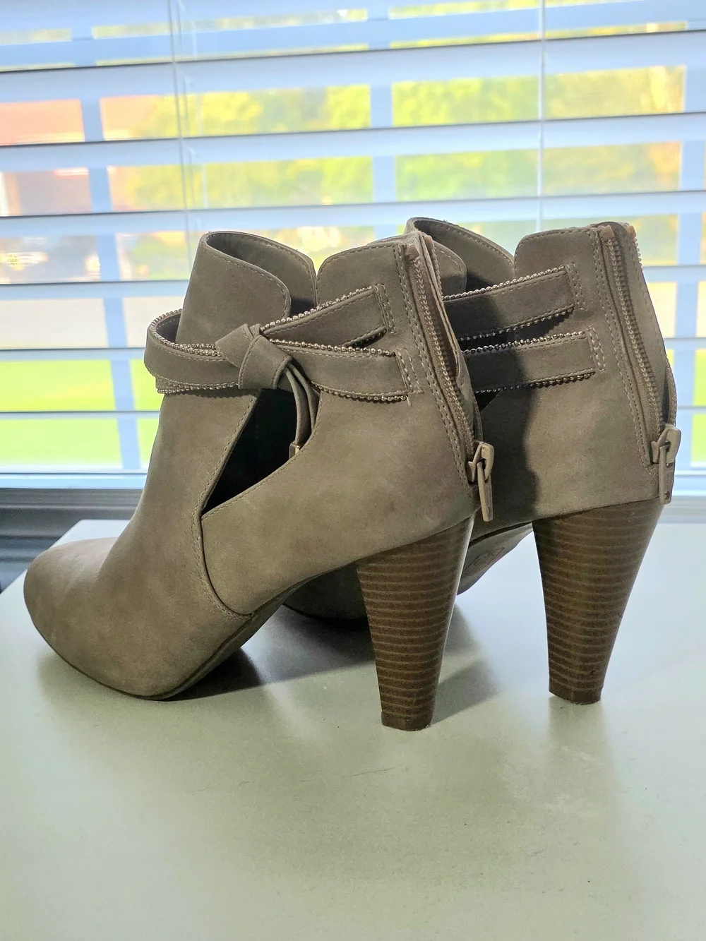 Jennifer Lopez Taupe Suede Cutout Ankle Booties with Wrap Strap